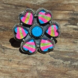 Southwestern Colorful Opal Inlay Heart Sterling Silver Adjustable Flower Ring